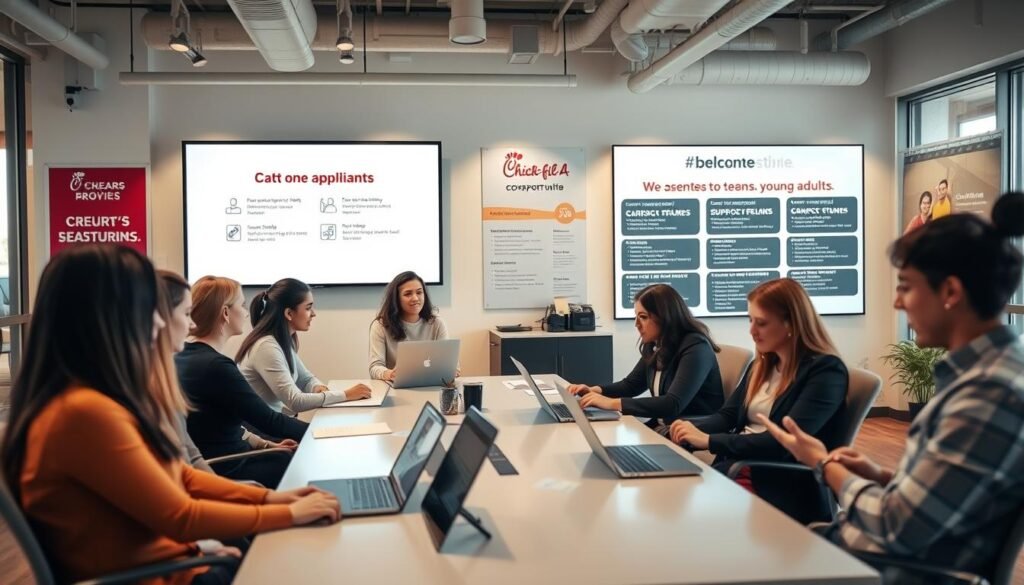 A modern job service company office interior, bustling with activity. In the foreground, a diverse group of young professionals, dressed in business casual attire, are engaged in discussions around a sleek conference table. In the middle ground, a large presentation screen displays job roles, while employees review applications and resumes on laptops. The background features motivational posters about career growth, along with a digital job board listing various opportunities for teens and young adults. Soft, natural lighting from large windows enhances the welcoming atmosphere, while a shallow depth of field focuses on the people, creating a sense of teamwork and positivity. The overall mood is energetic and inspiring, perfectly capturing the essence of job opportunities available at Chick-fil-A for younger applicants.