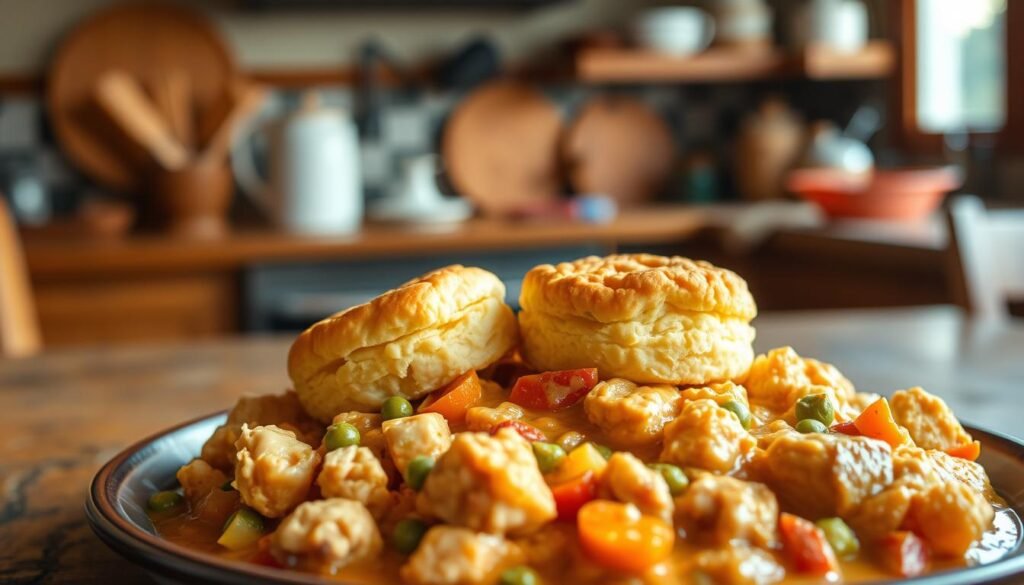 A mouthwatering bay biscuit chicken dish displayed prominently in the foreground, featuring golden-brown, flaky Red Lobster-inspired biscuits that look buttery and fresh, surrounded by tender chunks of chicken in a creamy, rich sauce, dotted with colorful vegetables like peas and carrots. The background showcases a rustic wooden table and a softly blurred kitchen environment, creating a homey, inviting atmosphere. Warm, natural lighting bathes the scene, accentuating the texture of the biscuits and the glossy finish of the chicken filling. A shallow depth of field emphasizes the dish while keeping the background gently out of focus. The overall mood is comforting and warm, perfect for a cozy meal.