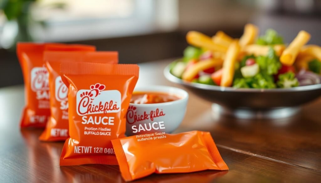 A neatly arranged table displaying a variety of Chick-fil-A Buffalo Sauce packets, emphasizing portion size and packaging details. In the foreground, focus on the vibrant orange-red packet with the iconic Chick-fil-A logo prominently featured, glistening slightly under soft, natural lighting. The middle section showcases a small dipping bowl filled with the sauce, highlighting its rich texture and inviting color. In the background, an aesthetically pleasing blurred arrangement of fries and a salad, giving a warm and inviting atmosphere. The scene should convey a sense of quality and indulgence, with an emphasis on the sauce's appeal. Use a shallow depth of field to draw attention to the sauce packets while maintaining a cozy, homey feel.