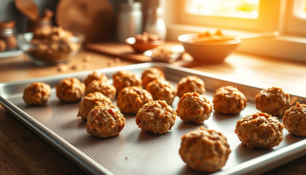 A polished, silver baking sheet sits prominently in the foreground, showcasing the textured surface and slightly raised edges. The baking sheet is laden with perfectly shaped, golden-brown sausage balls, their crispy exteriors glistening with a light sheen of oil. In the middle ground, a wooden kitchen countertop is adorned with a few scattered ingredients, including a bowl of uncooked sausage mix and a small dish of spices, emphasizing the preparation stage. The background features warm, soft lighting coming from a window, creating an inviting, homey atmosphere. The overall mood is cozy and ready for cooking, with a shallow depth of field focusing on the baking sheet to highlight the delicious sausage balls while softly blurring the ingredients behind it.