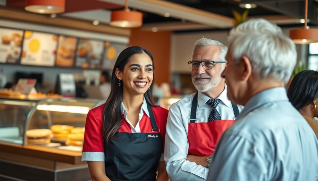 A professional customer service setting featuring a diverse group of individuals engaged in a friendly conversation. In the foreground, a well-dressed female employee wearing a Chick-fil-A uniform smiles confidently while listening to a customer, who is an older man in business casual attire. In the middle, a welcoming counter displays freshly prepared food items and a sparkling customer service area with warm lighting. The background reveals the restaurant's inviting interior design, highlighting cheerful decorations and vibrant colors. The atmosphere is positive and supportive, symbolizing excellent customer service and effective communication. Use soft, natural lighting to enhance the friendly interaction, and a slight focus on the foreground for clarity. A professional customer service setting featuring a diverse group of individuals engaged in a friendly conversation. In the foreground, a well-dressed female employee wearing a Chick-fil-A uniform smiles confidently while listening to a customer, who is an older man in business casual attire. In the middle, a welcoming counter displays freshly prepared food items and a sparkling customer service area with warm lighting. The background reveals the restaurant's inviting interior design, highlighting cheerful decorations and vibrant colors. The atmosphere is positive and supportive, symbolizing excellent customer service and effective communication. Use soft, natural lighting to enhance the friendly interaction, and a slight focus on the foreground for clarity.