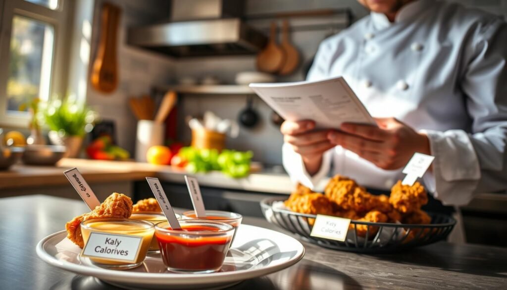 A professional kitchen setting with a warm, inviting atmosphere. In the foreground, a close-up of a neatly arranged plate with crispy chicken tenders and small bowls of various dipping sauces, prominently featuring Chick-fil-A sauce. The sauces are labeled with elegant tags, indicating their calorie counts. In the middle ground, a chef in a crisp white chef's jacket and apron examines the nutritional information on a printed sheet, considering the best sauce for managing calories. Soft, natural light filters in through a nearby window, casting gentle shadows and creating a cozy ambiance. The background showcases vibrant kitchen utensils and fresh ingredients, enhancing the theme of healthy eating choices. The overall mood is thoughtful and encouraging, reflecting the journey of mindful dining.