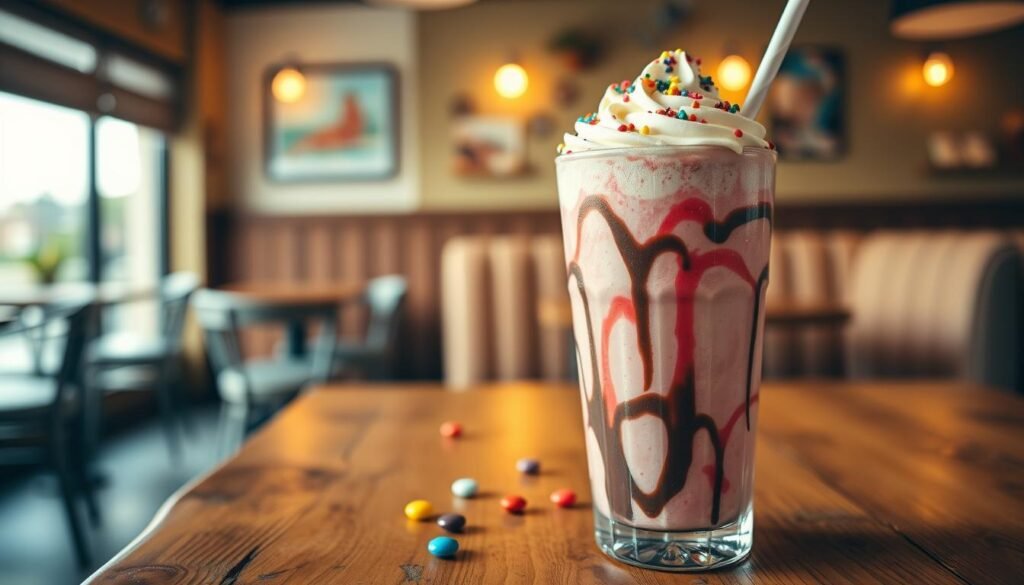 A rich and creamy milkshake in a tall glass, topped with a generous swirl of whipped cream and colorful sprinkles, dominates the foreground. The milkshake features vibrant hues of pink and chocolate with a glossy finish, inviting a sense of indulgence. In the middle ground, a rustic wooden table provides a warm, inviting surface, adorned with a few scattered colorful candies and a stylish straw set into the shake. The background features softly blurred café elements, such as a cozy booth and ambient lighting that creates a cheerful atmosphere. The image captures the essence of enjoyment and bliss, evoking a feeling of nostalgia and comfort. Shot from a slightly elevated angle to emphasize the creamy texture and vibrant details, with soft natural lighting accentuating the shake's colors.
