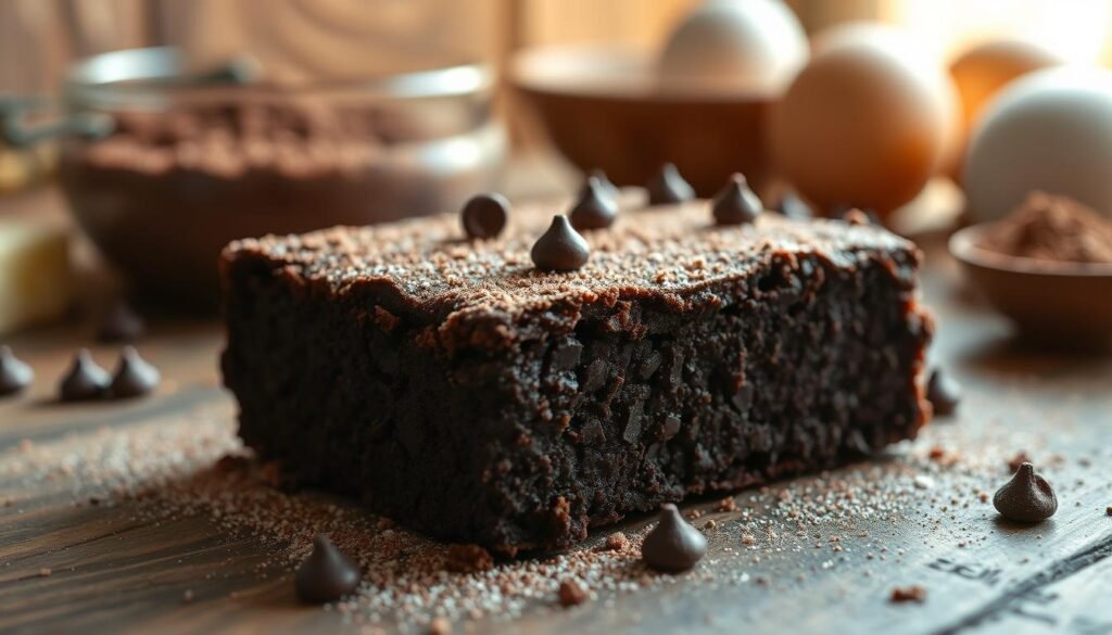 A richly detailed close-up of a decadent chocolate fudge brownie, freshly baked and placed on a rustic wooden table. The brownie is gooey and topped with a dusting of cocoa powder and a few scattered chocolate chips, glistening under soft, warm natural light to highlight its rich texture. In the background, out-of-focus ingredients such as cocoa powder, butter, and eggs, hinting at the brownie-making process. The atmosphere is inviting and cozy, evoking a sense of indulgence. Capture the image at a slight angle to emphasize the brownie’s height and layering. The overall mood should be appetizing and warm, making it perfect for discussing its nutritional value without any text or distractions.