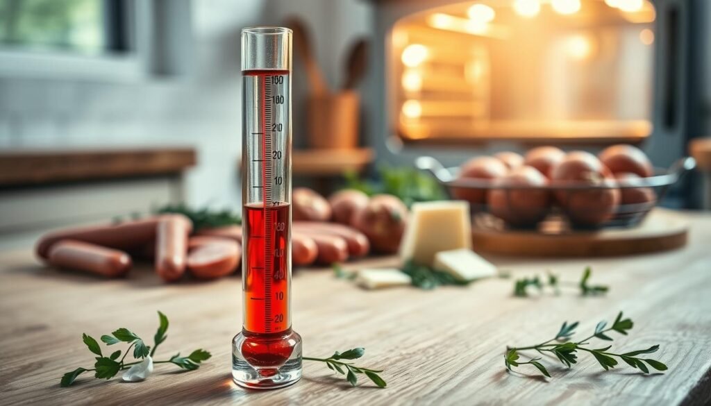 A sleek, glass thermometer with a bright red liquid inside, prominently displayed in the foreground. The thermometer's scale clearly marks temperatures, emphasizing precision. In the middle ground, a wooden kitchen table adorned with fresh ingredients such as sausage, cheese, and herbs to suggest a home-cooking atmosphere. Soft, natural lighting filters in from a nearby window, casting gentle shadows and highlighting the glossy texture of the thermometer. In the background, a slightly blurred oven with warmth emanating from inside, hinting at the baking process. The overall mood is warm and inviting, evoking a sense of comfort and domesticity, perfect for baking delicious sausage balls. The composition is shot from a slightly elevated angle to capture both the thermometer and the ingredients beautifully.