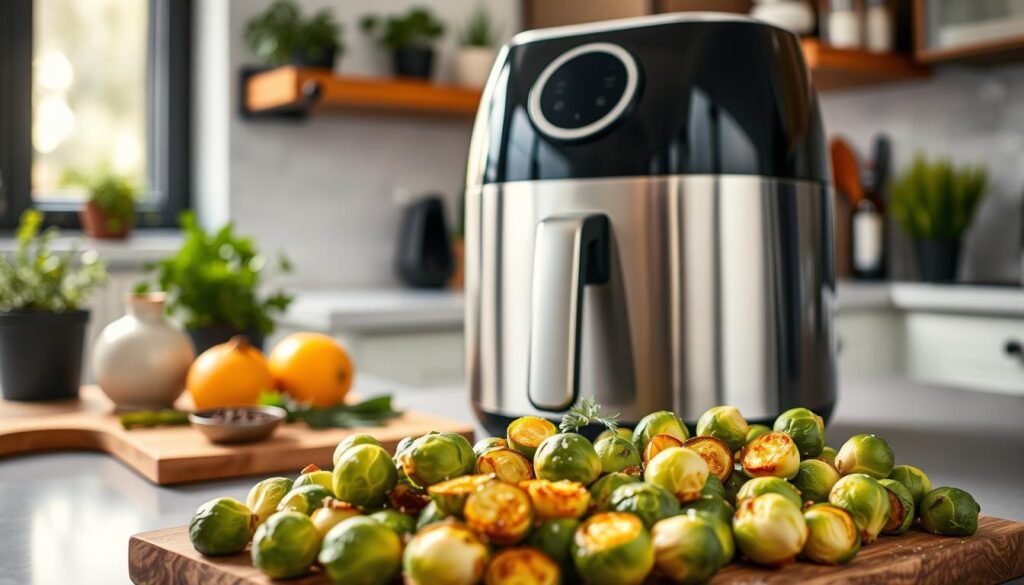 A sleek, modern air fryer sits on a stylish kitchen countertop, prominently featured in the foreground. The air fryer is stainless steel with a round digital display, showcasing its user-friendly controls. Surrounding the air fryer, a colorful array of crispy Brussels sprouts captures the eye, glistening with a light drizzle of olive oil and sprinkled with sea salt. In the middle ground, a wooden cutting board holds fresh herbs and spices, adding texture and contrast. Soft, warm lighting bathes the scene, emanating a cozy kitchen atmosphere. In the background, subtle hints of a tidy kitchen space are visible, with plants and cooking utensils softly blurred, creating depth. The angle captures an inviting perspective, emphasizing the air fryer as an essential tool for creating delicious and healthy meals.