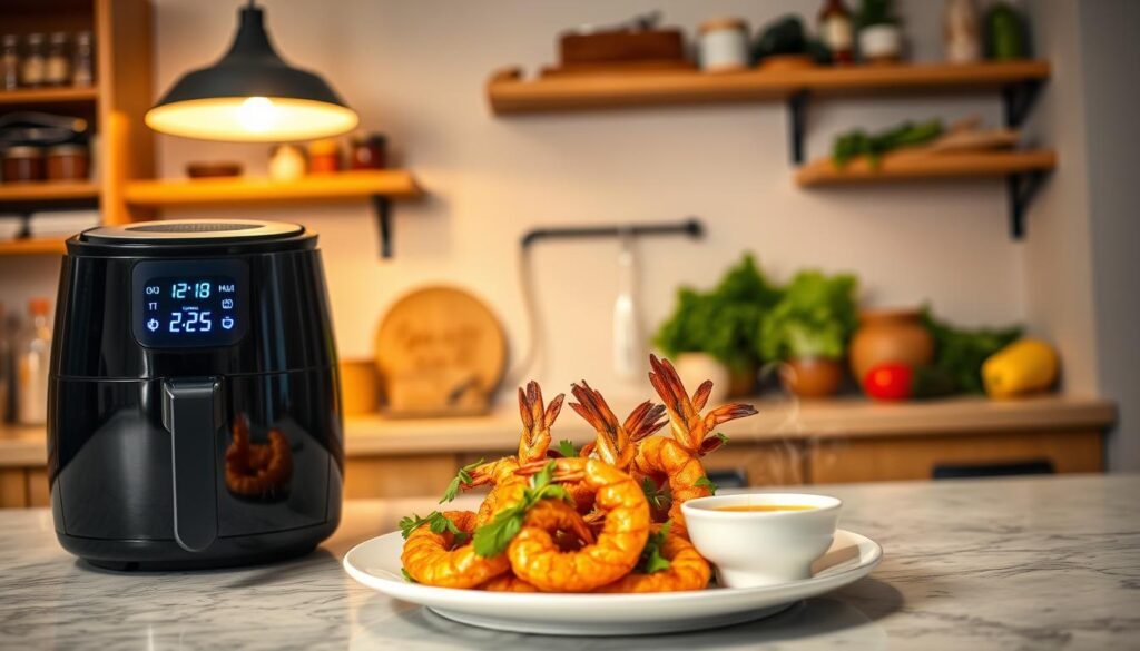A sleek, modern air fryer sitting on a kitchen countertop, prominently displayed in the foreground. The fryer features a shiny black exterior with digital controls illuminated in soft blue light, showcasing an air vent on top. In the middle ground, a plate of crispy dragon shrimp is beautifully arranged, garnished with fresh herbs and served with a dipping sauce, steam rising gently to highlight the dish's freshness. In the background, a cozy kitchen scene includes soft lighting from an overhead pendant lamp, wooden shelves lined with spices, and fresh vegetables. The atmosphere is inviting and warm, suggesting a homey, culinary experience. The image is captured from a slight overhead angle, emphasizing the textures of both the air fryer and the shrimp, creating a mouthwatering visual appeal.