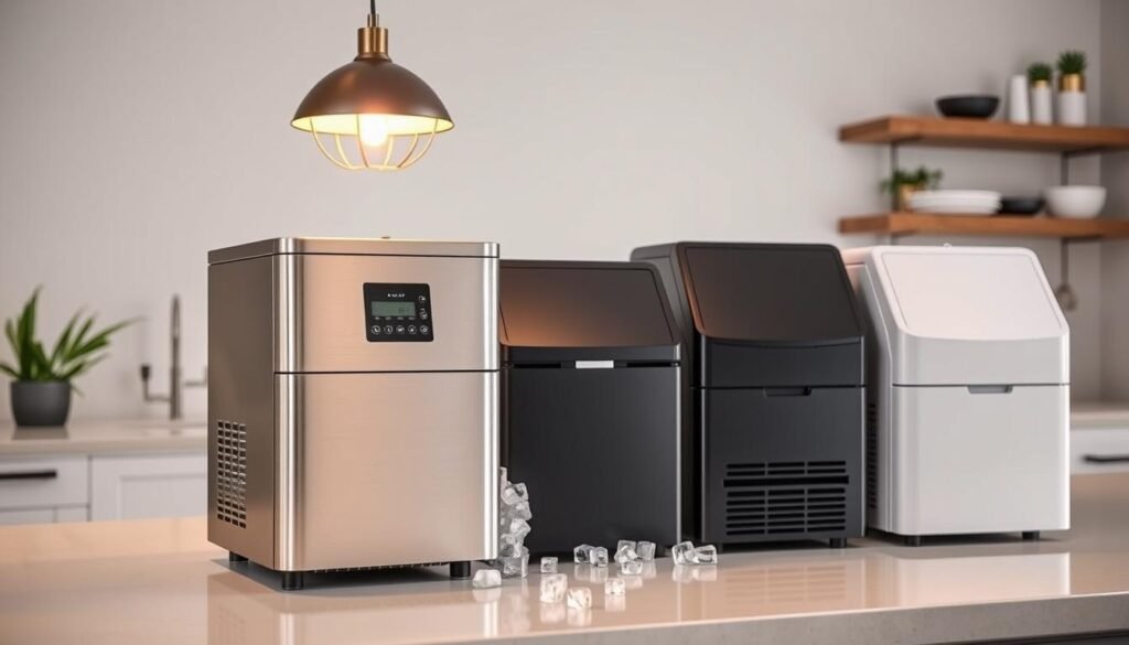 A sleek modern kitchen countertop featuring top countertop nugget ice makers, with various models displayed side by side. The image focuses on their compact designs, showcasing features like buttons, LED displays, and ice containers. In the foreground, a shiny stainless steel nugget ice maker is prominently highlighted, reflecting soft warm light from an overhead pendant lamp. In the middle, two other models with different color finishes—one in matte black and the other in white—sit next to each other, embellished by a few scattered ice nuggets. The background features a clean and inviting kitchen environment with subtle details, such as a plant and stylish kitchenware on open shelves. The atmosphere exudes a sense of efficiency and modernity, inviting viewers to explore their options.