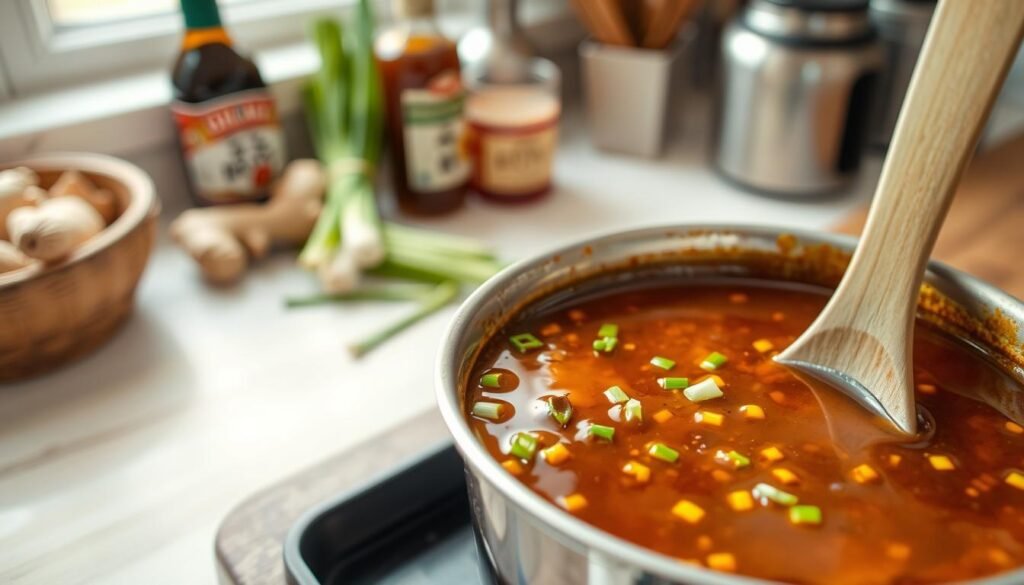 A small saucepan filled with a rich, glossy soy-ginger glaze, showcasing deep amber and caramel colors, with flecks of finely chopped ginger and green onions visible. The saucepan is centered in the foreground, with a wooden spoon resting against its side, hinting at its recent use. In the middle, blurred motifs of fresh ingredients like ginger roots, soy sauce bottles, and sprigs of scallion add context, while a bright and warm kitchen countertop setting creates an inviting atmosphere. Soft, natural light filters in from a nearby window, casting gentle highlights on the glaze's surface, enhancing its shiny texture. The background is softly out of focus, hinting at a cozy kitchen environment, evoking feelings of warmth and home-cooked goodness.