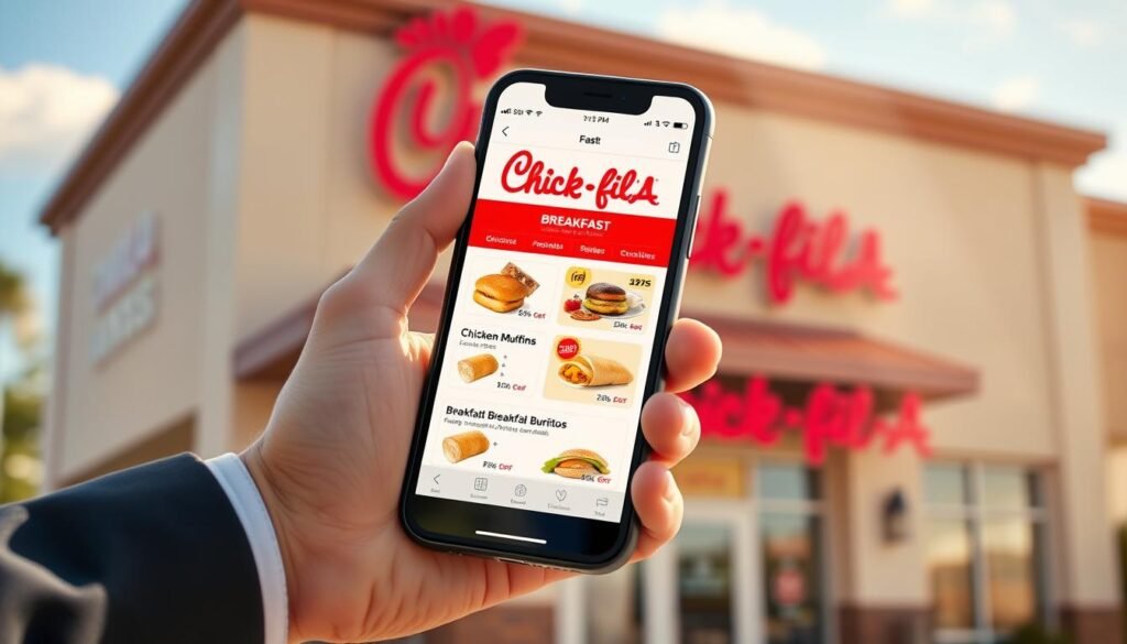 A smartphone with the Chick-fil-A app open on its screen, displaying a colorful breakfast menu with items like biscuits, chicken muffins, and breakfast burritos. The phone is held in the foreground, showing a hand in professional business attire, indicating a fast and convenient ordering experience. In the middle background, a softly focused Chick-fil-A restaurant is visible, with the iconic red and white logo and a bright morning sky. Natural sunlight streams in, casting warm tones that create an inviting atmosphere. The composition should utilize a slight angle to showcase the app in detail while maintaining a clear view of the restaurant's exterior, evoking a sense of efficiency and comfort in morning breakfast order.