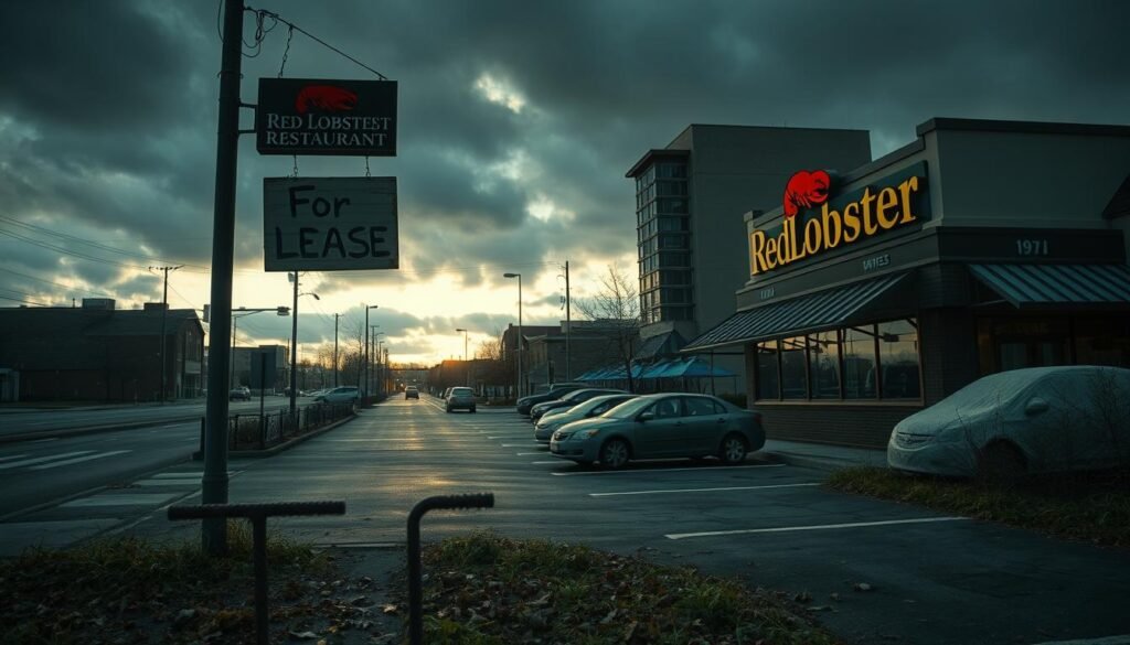 A somber urban scene depicting a closed Red Lobster restaurant, with faded signage and overgrown landscaping, evoking a sense of economic downturn. In the foreground, a worn “For Lease” sign hangs crooked, surrounded by scattered leaves and debris. The middle ground features empty parking spaces, with a few abandoned cars covered in dust, hinting at neglect. In the background, a dimly lit street casts shadows from looming buildings, creating a dreary atmosphere. Soft, overcast lighting suggests an early evening ambiance, with hints of a setting sun peeking through dense clouds. The overall mood reflects uncertainty and loss, capturing the stark reality of bankruptcy and business closures.