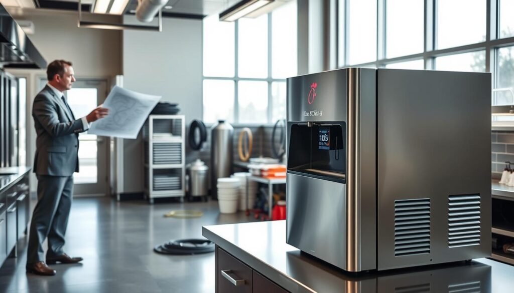 A spacious commercial kitchen environment designed for the installation of a Chick-fil-A ice maker. In the foreground, a large stainless steel ice maker sits prominently on a sleek countertop, showcasing its modern design and user-friendly interface. To the left, a professional in business attire inspects the machine, holding a blueprint for layout planning, emphasizing the importance of proper installation. The middle section features well-organized equipment and supplies, including hoses and electrical connections, highlighting the installation process. In the background, large windows allow natural light to flood the space, creating a bright, efficient atmosphere. The overall mood conveys professionalism and readiness, suitable for a bustling commercial kitchen setting, captured from a slight upward angle to showcase the height and scale of the installation.