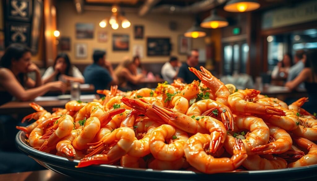 A striking image depicting an overflowing platter of shrimp in a bustling restaurant setting. In the foreground, a close-up of perfectly cooked, succulent shrimp arranged artistically with vibrant spices and garnishes, glistening under warm, inviting lighting. In the middle ground, blurred silhouettes of patrons enjoying their meals, their expressions reflecting satisfaction and indulgence. The background features a cozy atmosphere with wooden tables, nautical decor, and soft ambient lighting creating a sense of warmth and comfort. A few decorative elements like seafood menus and a busy kitchen can be subtly included to enhance the scene. The overall mood should evoke a sense of abundance and culinary delight while hinting at the concept of “endless shrimp.”
