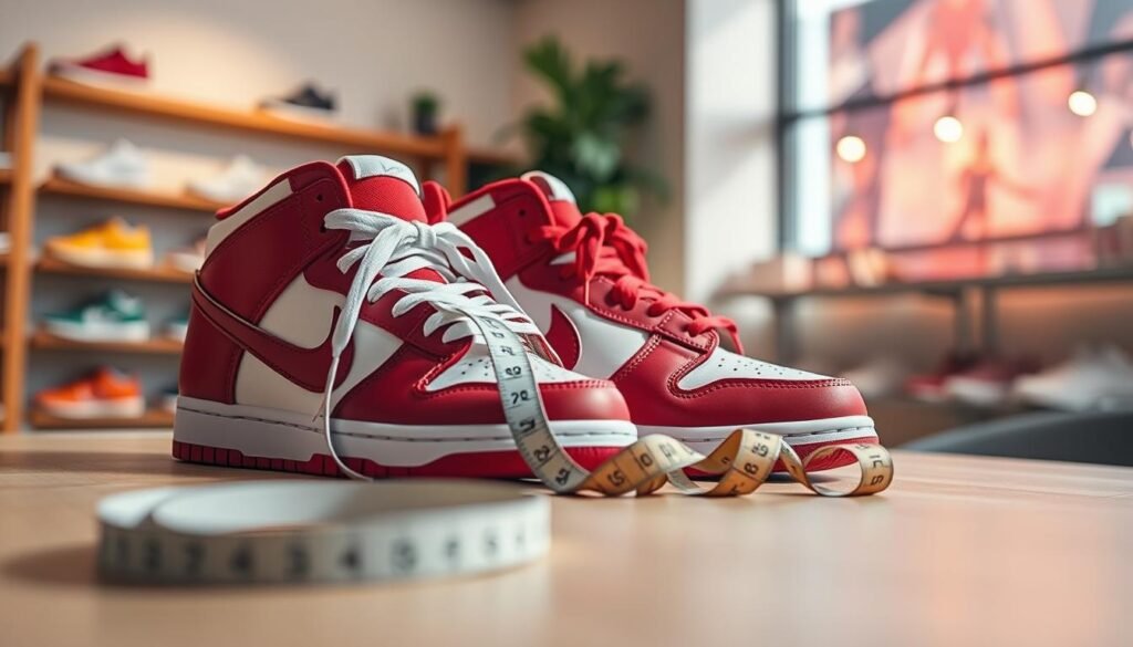 A stylish pair of Red Lobster Dunks prominently displayed in the foreground, showcasing their unique color scheme of deep red and crisp white. The sneakers are placed on a lightly textured surface, perhaps a wooden table, with the laces elegantly tied. In the middle ground, a measuring tape is draped beside the shoes, symbolizing sizing considerations. The background features a soft, blurred image of a cozy, modern sneaker store with warm lighting, highlighting the casual yet chic atmosphere. The composition captures a sense of comfort and style, inviting the viewer to ponder the perfect fit for these trendy sneakers. The image should be bright and inviting, emphasizing the allure of the Red Lobster Dunks without any text or distracting elements.