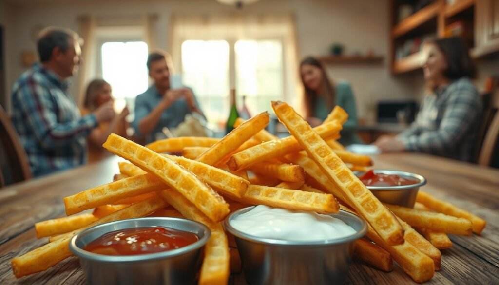 A tantalizing scene depicting a waffle potato fry burn-off, with a close-up focus on crispy golden-brown fries arranged in an artistic pile in the foreground. The fries should glisten with a hint of seasoning, showcasing their appealing texture and shape. In the middle ground, a rustic wooden table is set with dipping sauces like ketchup and ranch, adding a pop of color. The background features a sunlit kitchen with soft, warm lighting, enhancing the cozy atmosphere. A blurred family gathering can be seen enjoying the fries, dressed in comfortable casual attire, evoking a sense of shared joy and indulgence. The composition should be shot with a slight overhead angle to emphasize the vibrant colors and textures.
