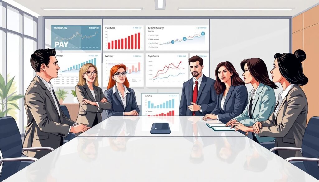 A thoughtful illustration depicting the concept of manager pay in a corporate setting. In the foreground, a group of diverse business professionals, dressed in smart business attire, are engaged in a strategic discussion around a sleek conference table. Their expressions are focused and contemplative, reflecting the complexity of salary negotiations. The middle ground features charts and graphs on digital screens, visually portraying salary trends and factors influencing pay structures. In the background, modern office decor and large windows allow natural light to flood the room, creating a positive and inspiring atmosphere. The scene captures a blend of ambition and teamwork, symbolizing what drives manager pay at Chick-fil-A. Soft, diffused lighting enhances the professionalism of the environment, and the image is framed from a mid-angle perspective that emphasizes collaboration.