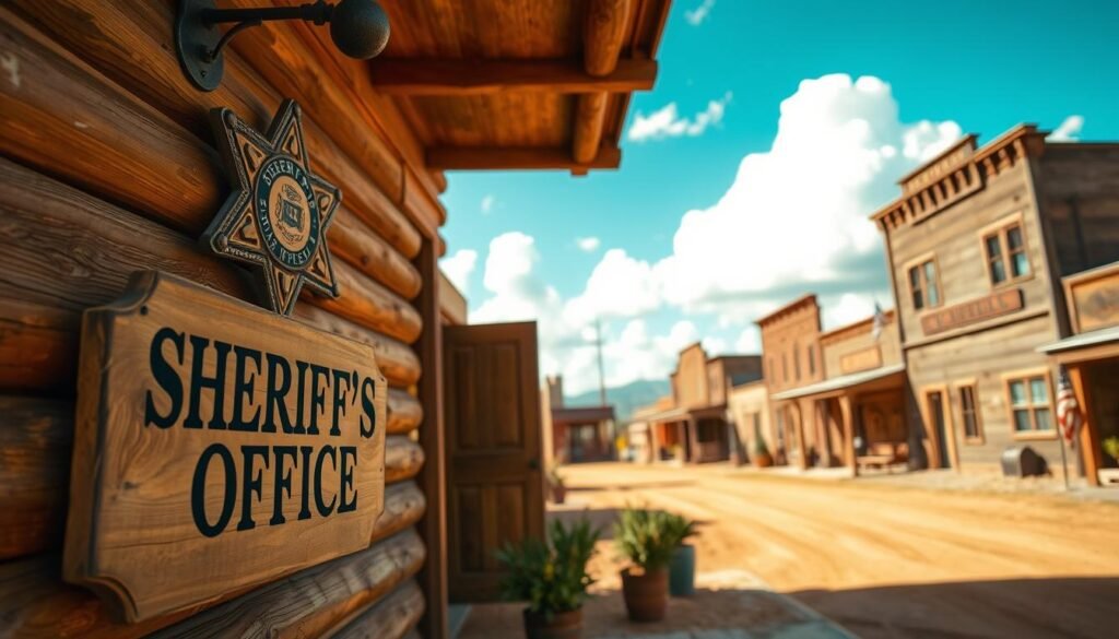A traditional sheriff's office set in a small-town atmosphere, featuring a rustic wooden exterior with a large, prominent sheriff's badge above the entrance. In the foreground, a weathered wooden sign reads "Sheriff's Office" with details like scratches and wear to enhance realism. The middle ground shows a classic wooden door slightly ajar, hinting at activities inside, while a few potted plants add a touch of greenery. In the background, a dusty dirt road leads to an old western-style town, under a bright blue sky with fluffy white clouds. The lighting is warm and inviting, suggesting late afternoon sun casting soft shadows, creating a nostalgic and serene mood. The image captures the essence of law and order in a quaint setting, without any people present.