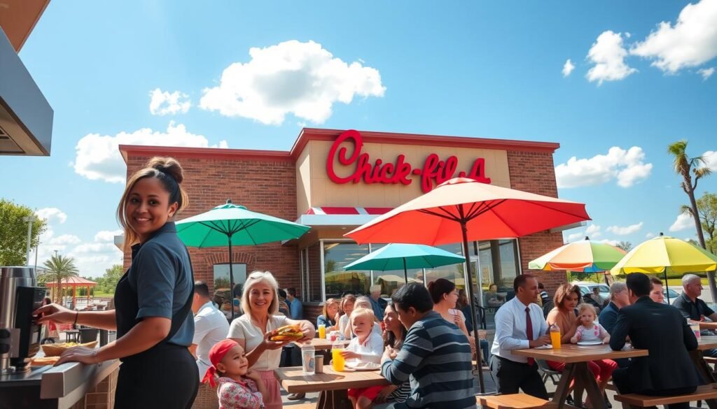 A vibrant Chick-fil-A restaurant during lunch hours, filled with diverse customers enjoying their meals at outdoor and indoor seating. In the foreground, a friendly staff member in a professional uniform hands a meal to a satisfied family at the counter. The middle ground showcases families and business professionals, some seated at picnic-style tables under colorful umbrellas, engaging in lively conversation. In the background, bright blue skies with a few fluffy clouds create a welcoming atmosphere. Soft, warm sunlight pours in, casting gentle shadows across the scene. The angle is slightly elevated to capture the hustle and bustle of lunchtime activity, emphasizing the cheerful, communal vibe of a localized dining experience.