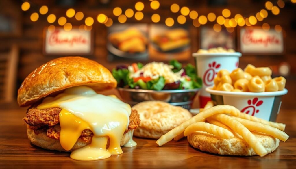 A vibrant and appetizing spread of Chick-fil-A menu items prominently featuring dairy-containing foods. In the foreground, showcase a golden, crispy Chicken Sandwich with melted cheese oozing out, along with creamy ranch dipping sauce in a small bowl. Adjacent, display a rich, buttery biscuit dripping with honey. In the middle, include a colorful salad topped with shredded cheese and a cup of rich, creamy macaroni and cheese. The background should feature the rustic wooden table of a Chick-fil-A restaurant, softly lit by warm overhead fairy lights, creating a cozy atmosphere. Maintain a shallow depth of field to keep the focus on the food while gently blurring the restaurant setting. The mood should be inviting and indulgent, highlighting the allure of comforting dairy-rich dishes.