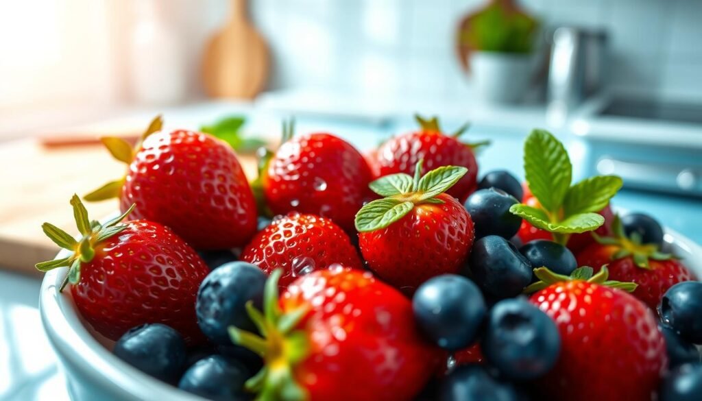 A vibrant and close-up image of freshly washed strawberries and blueberries, glistening with droplets of water. In the foreground, the berries are placed in a clean, white bowl, showcasing their rich red and deep blue hues. The middle ground features a soft-focus kitchen counter with a wooden cutting board and a fresh mint leaf for added color. In the background, gentle sunlight streams through a window, creating a warm and inviting atmosphere. The lens captures the scene at a slight angle, emphasizing the vibrant colors and freshness of the fruits. The overall mood conveys a sense of cleanliness and preparation, highlighting the care taken in washing and prepping the fruit.