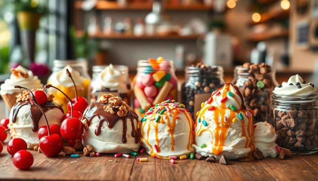 A vibrant and colorful display of various ice cream toppings, arranged artfully on a rustic wooden table for a cheerful atmosphere. In the foreground, include delicious scoops of vanilla ice cream, generously topped with bright red cherries, crunchy crushed nuts, colorful sprinkles, and drizzles of rich chocolate and caramel sauces. In the middle ground, aesthetically pleasing jars filled with colorful gummy bears, chocolate chips, and whipped cream create a tempting selection. The background features soft, warm lighting that enhances the texture of the ice cream and toppings, while a blurred café setting with subtle hints of greenery adds a cozy vibe. Capture this scene from a slightly elevated angle to emphasize the abundance and variety of toppings, creating an inviting mood that feels fresh and delightful.