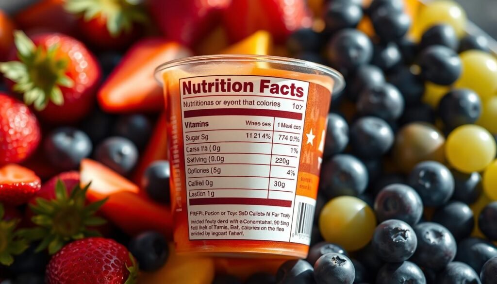 A vibrant and detailed depiction of a nutrition facts label specifically for a Chick-fil-A fruit cup, prominently displayed as the central focus. The label features clear, bold text enumerating various nutritional components such as vitamins, sugars, and serving sizes, while the background subtly showcases a colorful assortment of fresh fruits like strawberries, blueberries, and grapes, arranged artistically. The lighting is bright and natural, suggesting a fresh and healthy atmosphere, with soft shadowing to add depth. The image is captured from a slightly elevated angle, creating a sense of inviting transparency. The overall mood is informative yet appealing, emphasizing the importance of nutritional knowledge beyond just calories. The design is clean and professional, with no text overlays or distractions, inviting the viewer to engage with the content directly.
