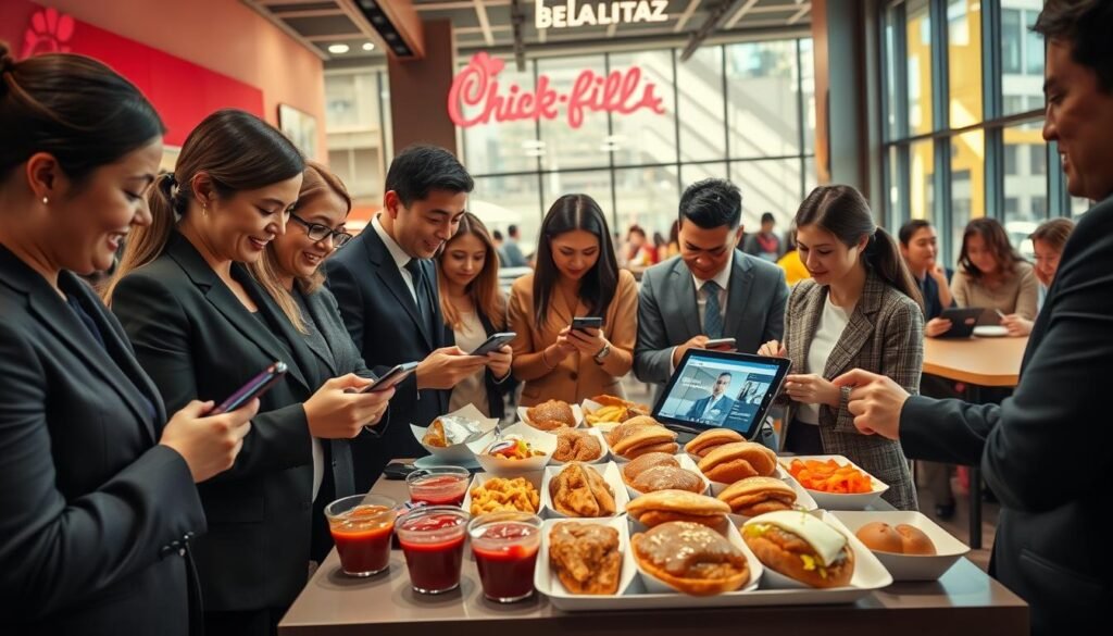 A vibrant and dynamic scene depicting a modern fast-food restaurant environment, specifically a Chick-fil-A. In the foreground, a diverse group of people in professional business attire and modest casual clothing engage with their smartphones, intently watching a video on the screen of a nearby tablet. In the middle ground, an inviting display of freshly prepared chicken sandwiches and sauces is prominently featured on a table, showcasing a tantalizing assortment that captures the essence of the brand. The background includes the restaurant's signature decor, with bright colors and a lively atmosphere filled with patrons enjoying their meals. Natural sunlight pours through large windows, casting soft shadows and creating a warm, inviting mood, evoking a sense of community and modern digital culture surrounding food and shared experiences.