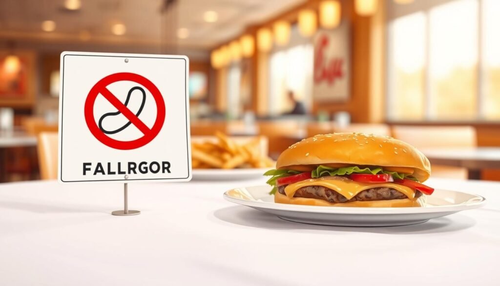 A vibrant and educational illustration focusing on peanut allergies in a dining context. In the foreground, a close-up view of a crossed-out peanut symbol and an allergy warning sign, depicted on a crisp white tablecloth. In the middle ground, a plate of food featuring a Chick-fil-A sandwich, shown appealingly but clearly marked to indicate peanut oil content, creating a sense of caution. The background features a softly blurred restaurant environment with warm lighting, evoking a welcoming yet alert atmosphere. Use a shallow depth of field to draw attention to the foreground elements. The image should evoke a mood of awareness and care, appropriate for readers considering their dining choices regarding peanut allergies.