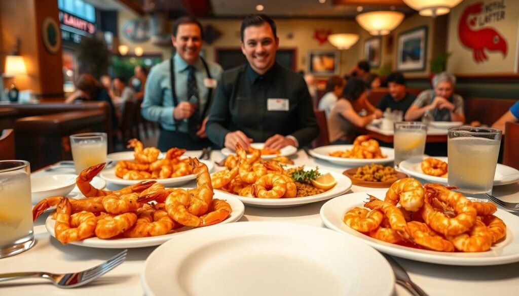 A vibrant and enticing spread of "endless shrimp" at a Red Lobster restaurant table, featuring succulent shrimp in various preparations—crispy, garlic, and grilled—arranged artfully on white plates. The foreground captures a beautifully set dining table, complete with elegant utensils and a glass of refreshing lemonade, glistening under soft, warm lighting. In the middle, the busy restaurant environment showcases a friendly server wearing a neat uniform, attending to a group of diverse customers enjoying their meal. The background includes cozy, nautical-themed decor with splashes of red and blue, evoking an inviting and lively atmosphere. The scene is captured with a slightly elevated angle, emphasizing the abundance of seafood and the relaxed dining experience, conveying a sense of community and culinary delight.