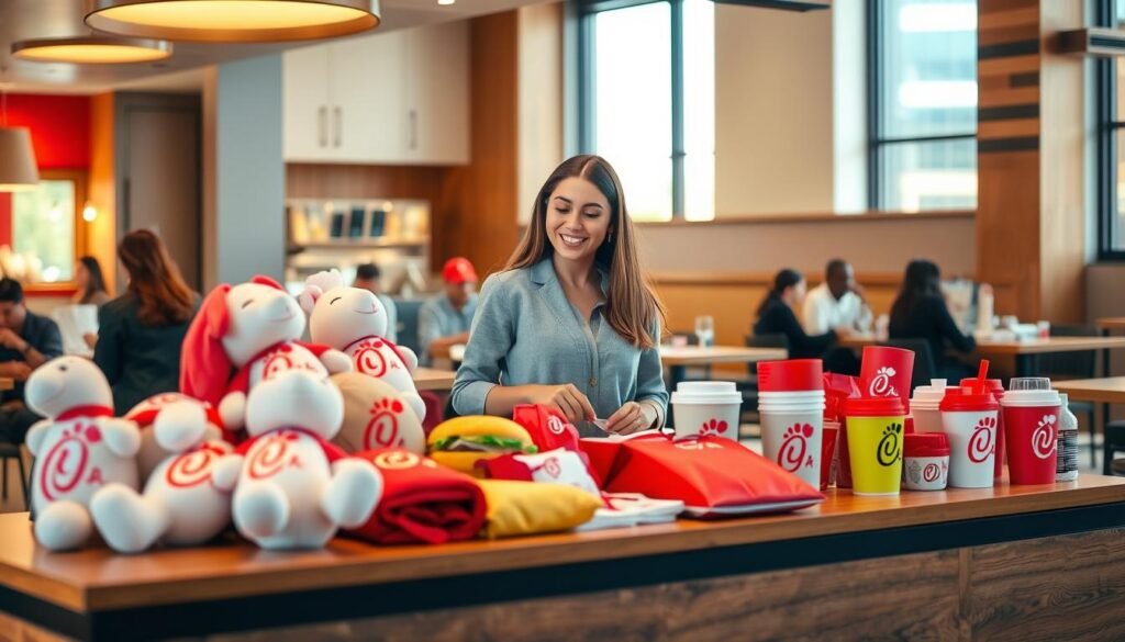 A vibrant and inviting Chick-fil-A merchandise display inside a chic restaurant setting. In the foreground, showcase a variety of branded items such as plush toys, clothing, and drinkware elegantly arranged on a wooden table. The middle ground features a cheerful, well-dressed young woman browsing the selection, smiling as she considers her options. She wears a casual yet stylish outfit. In the background, capture a bright, modern restaurant interior with soft, warm lighting, wooden accents, and a few patrons enjoying their meals. A large window lets in natural light, enhancing the welcoming atmosphere. The overall mood is lively and enthusiastic, reflecting the excitement of shopping for exclusive items.
