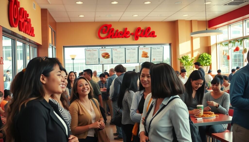 A vibrant and inviting Chick-fil-A restaurant during lunchtime, with a bright and sunny atmosphere. In the foreground, a diverse group of people in business casual attire eagerly waiting in line, showcasing a variety of ages and backgrounds, all smiling and chatting. In the middle ground, the busy counter staff is actively taking orders and preparing food, highlighting the iconic Chick-fil-A menu items like chicken sandwiches and waffle fries. The background features a cozy dining area with cheerful decorations, large windows letting in natural light, and customers enjoying their meals at tables. The scene is captured in a slightly wide-angle view to encompass the bustling lunch hour vibe, with soft, warm lighting to create an inviting and friendly mood.