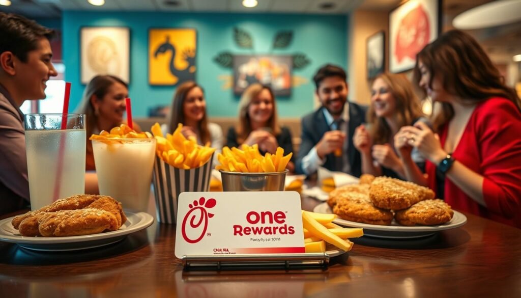 A vibrant and inviting Chick-fil-A restaurant scene showcasing an array of delicious rewards. In the foreground, a beautifully styled table displays a variety of menu items such as crispy chicken sandwiches, waffle fries, and refreshing lemonade, tastefully arranged with a prominent focus on a loyalty card featuring the Chick-fil-A One Rewards logo. In the middle ground, happy customers, dressed in smart casual attire, gather around the table enjoying their meals, smiling and interacting. The background features the welcoming interior of the Chick-fil-A restaurant, with warm lighting and a cozy atmosphere, adorned with cheerful artwork. The scene is captured with a shallow depth of field using a 35mm lens to create an inviting, friendly mood, perfect for illustrating the joy of earning rewards while enjoying delicious food.