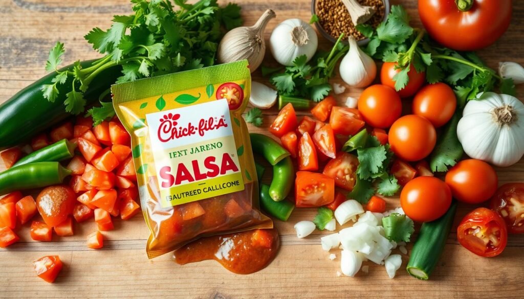 A vibrant and visually appealing arrangement of a Chick-fil-A jalapeño salsa packet, prominently displayed in the foreground with its colorful label. Surround it with an array of fresh ingredients spilling out, including ripe jalapeños, diced tomatoes, chopped onions, and cilantro, giving a lively feel. In the middle, add a rustic wooden table surface to enhance the homely vibe, with a soft focus on additional salsa ingredients like spices and garlic cloves in the background. Create a warm, inviting atmosphere with soft, diffused natural lighting that casts gentle shadows, emphasizing the freshness of the ingredients. Use a slight top-down angle to capture the full scene, making it both engaging and informative.