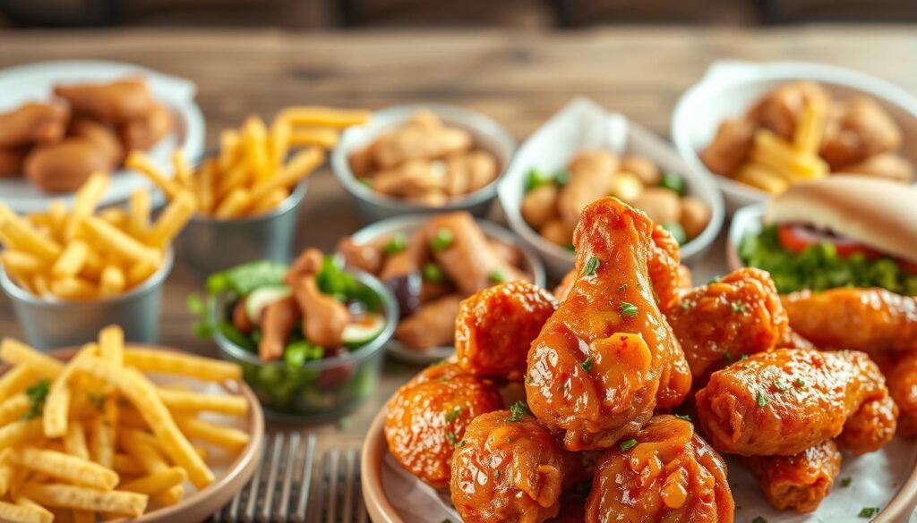 A vibrant, appealing display of Chick-fil-A's signature chicken wings positioned prominently in the foreground, glistening with a crispy texture and garnished with fresh herbs. Surrounding the wings, an assortment of popular menu items such as waffle fries, chicken sandwiches, and salads, presented elegantly to showcase their colors and textures. The background features a soft-focus rustic wooden table setting, evoking a warm and inviting atmosphere. Bright, natural lighting highlights the savory details of each food item, with a slight overhead perspective to capture depth. The overall mood is appetizing and lively, inviting viewers to explore the delicious contrasts between the wings and other favorites on the menu.