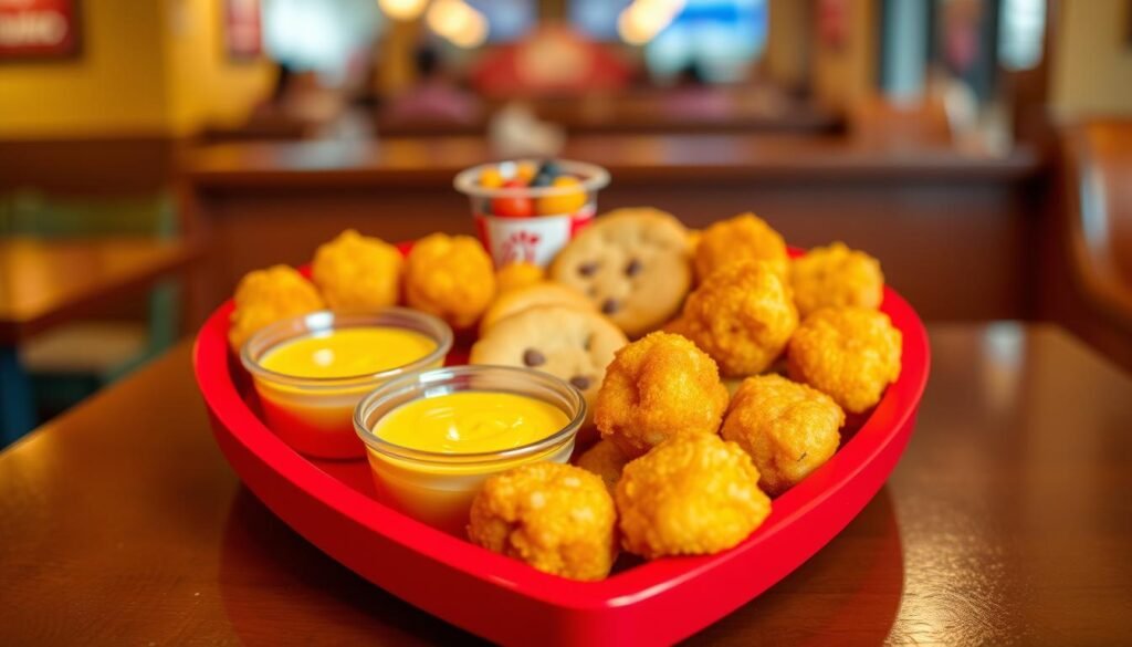 A vibrant, appetizing arrangement of Chick-fil-A nuggets served on the iconic heart-shaped tray. In the foreground, the golden-brown nuggets are crispy and appear freshly cooked, glistening with a light sheen. Beside them, a small dipping sauce container filled with creamy honey mustard. In the middle ground, the heart tray is surrounded by a few delectable sweets, like classic chocolate chip cookies and mini fruit cups, adding a colorful touch. The background is softly blurred, suggesting a cozy restaurant setting with warm, inviting lighting that highlights the food. The image is captured from a slightly elevated angle, allowing for a clear view of the heart tray and its delicious offerings, creating a joyful and enticing atmosphere.