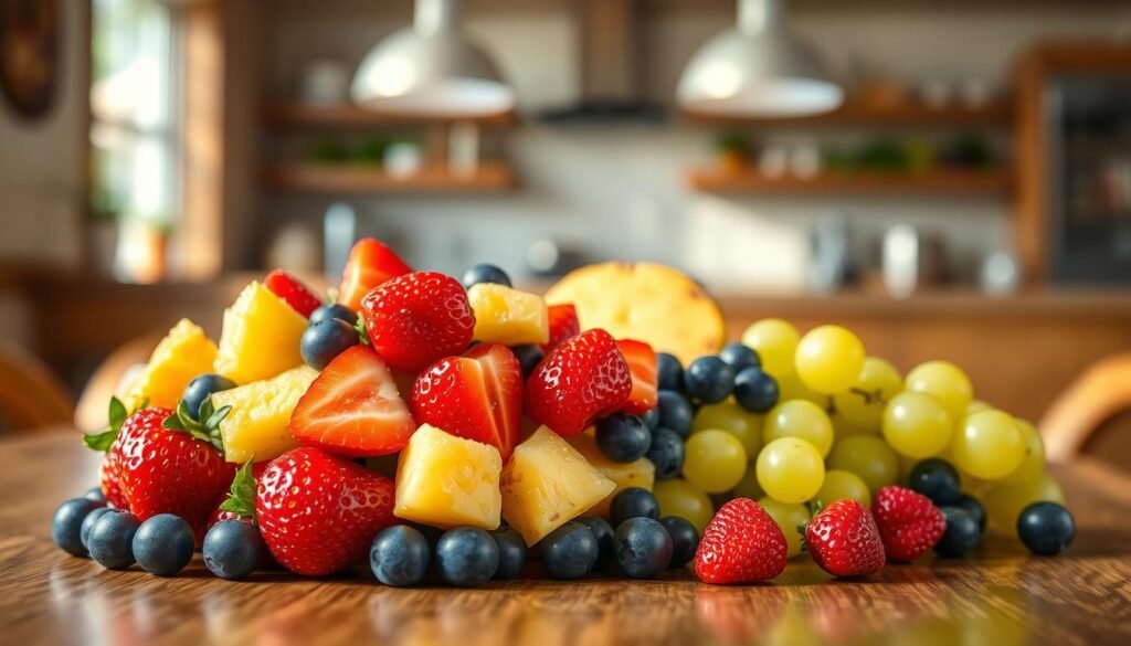 A vibrant arrangement of a Chick-fil-A fruit cup, showcasing an assortment of fresh, colorful fruits such as strawberries, blueberries, pineapple chunks, and grapes. In the foreground, focus on the fruit cup, with glistening droplets of water on the fruit's surface to emphasize freshness. In the middle ground, a healthy breakfast setting with an aesthetically pleasing wooden table, complemented by a soft, natural light coming from a nearby window, creating a warm atmosphere. In the background, a blurred image of a kitchen or café gives a casual yet inviting feel. The overall mood should be cheerful and nutritious, reflecting the essence of healthy eating and balanced meals. Ensure no people are present in the scene, maintaining a clean, professional appearance.