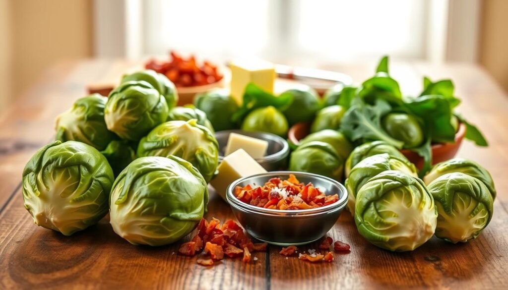 A vibrant assortment of fresh ingredients laid out for making Red Lobster Brussels sprouts. In the foreground, place perfectly trimmed Brussels sprouts, showcasing their vivid green color and intricate crisscross cuts on the bottom. Beside them, include a small bowl of crispy bacon bits with a tantalizingly golden hue. In the middle, feature a cutting board with minced garlic, some glistening butter, and a sprinkle of sea salt. Add a pinch of vibrant red chili flakes for color. In the background, a rustic wooden kitchen table with soft diffused sunlight streaming through a nearby window creates a warm, inviting atmosphere. The overall mood should evoke a sense of comfort and delicious anticipation, making the viewer eager to dive into the recipe.
