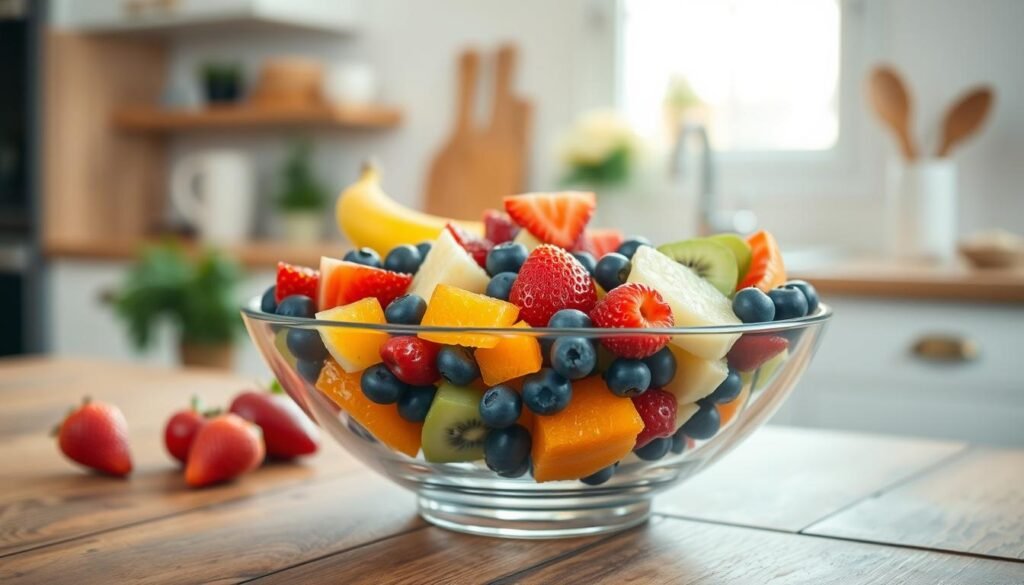 A vibrant bowl of fruit salad, filled with a colorful assortment of fresh fruits like strawberries, blueberries, kiwi slices, and orange segments, sits prominently in the foreground. The bowl should be elegantly styled, perhaps made of glass or ceramic, placed on a rustic wooden table to highlight the freshness. In the middle, a few whole fruits, such as apples and bananas, are scattered casually, adding to the scene's richness. The background features a soft-focus kitchen setting, with warm natural light filtering through a window, creating a welcoming and inviting atmosphere. The mood is cheerful and refreshing, perfect for highlighting serving ideas beyond just a simple side cup. Use a shallow depth of field to keep the focus sharp on the fruit salad while softly blurring the background elements.