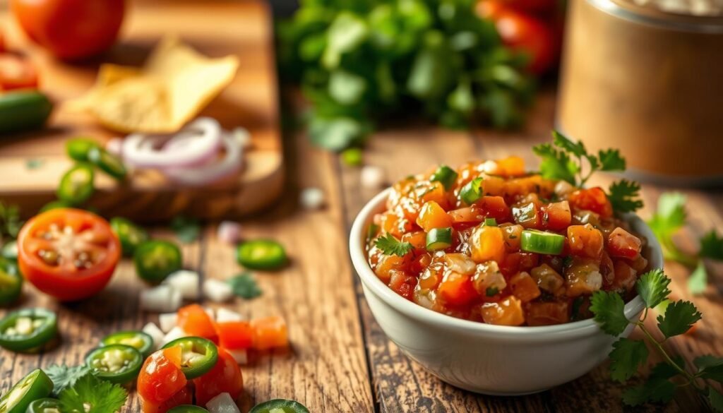 A vibrant close-up of a small bowl filled with Chick-fil-A's jalapeño salsa, showcasing its rich, chunky texture with visible jalapeño pieces, diced tomatoes, and cilantro. Surrounding the bowl, fresh ingredients like sliced jalapeños, diced onions, and sprigs of cilantro create a lively, inviting atmosphere in the foreground. In the middle ground, a rustic wooden table adds warmth and authenticity, while a soft, natural light illuminates the salsa, highlighting its colors and freshness. In the background, blurred kitchen elements such as a cutting board and a few scattered tortilla chips evoke a casual, homey feel. The overall mood is vibrant and appetizing, conveying a sense of healthy indulgence.