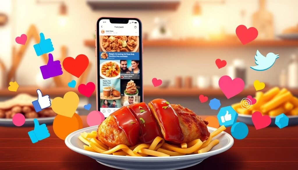 A vibrant digital illustration capturing the essence of social media's influence on food trends. In the foreground, an array of colorful social media icons, such as likes, shares, and hearts, are artistically arranged around a plate of Maple Bacon Chicken, which is mouth-wateringly plated. In the middle ground, a smartphone displays a lively feed filled with food images and comments, reflecting audience engagement. The background features a subtle blend of kitchen elements and a soft bokeh effect to suggest an active culinary environment, with warm lighting enhancing the inviting atmosphere. The overall mood should be energetic and modern, emphasizing the connection between social media influence and culinary demand.