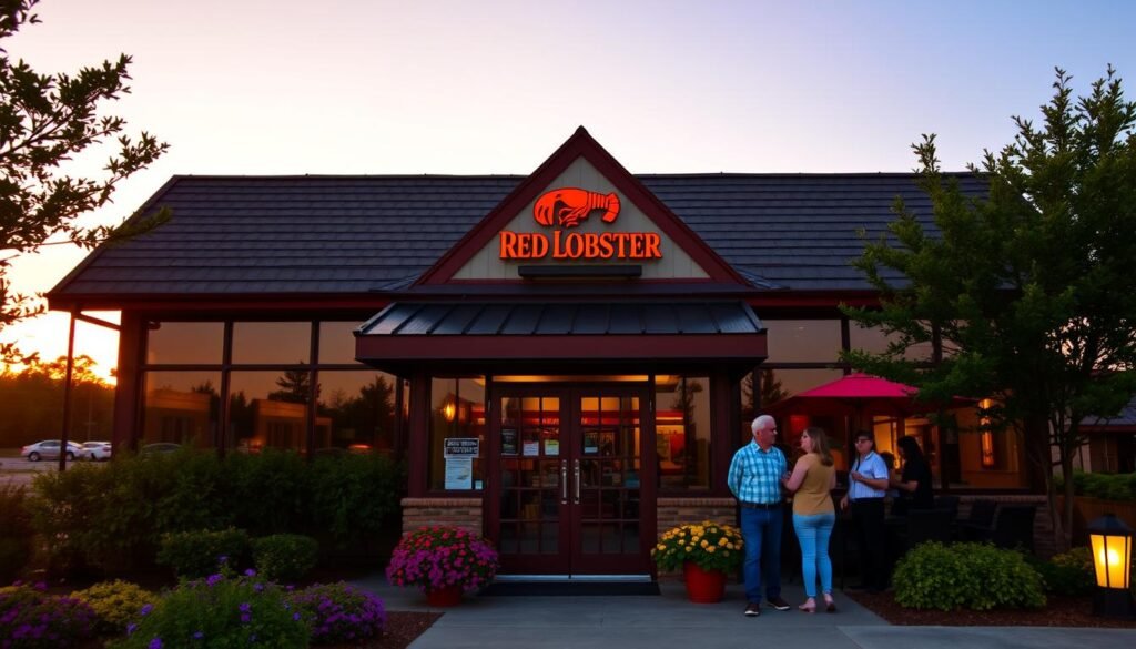 A vibrant exterior view of a Red Lobster restaurant located in McDonough, GA, captured during the golden hour just before sunset. In the foreground, a welcoming entrance with double glass doors, framed by lush greenery and colorful flower beds. The middle ground features the restaurant's iconic shingled roof, large windows reflecting the warm hues of the sunset, and a prominent lobster logo on the sign above. In the background, a clear sky transitions to orange and pink tones, enhancing the inviting atmosphere. The scene emphasizes a sense of community and warmth, with a couple of customers in modest casual clothing enjoying the outdoor seating area, while soft ambient lighting adds a cozy feel to the setting.