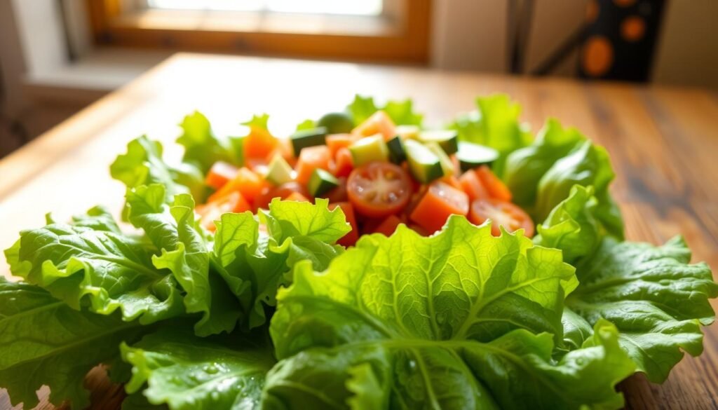 A vibrant, fresh head of lettuce sits prominently in the foreground, showcasing its crisp, green leaves glistening with water droplets. The middle layer features a colorful assortment of diced tomatoes, shredded carrots, and chunks of avocado, artistically arranged around the lettuce. In the background, a rustic wooden table provides a warm, inviting surface, softly illuminated by natural sunlight filtering through a nearby window. The scene captures a wholesome and appetizing mood, emphasizing freshness and vitality. Utilize a shallow depth of field to draw focus on the lettuce and salad ingredients, creating a soft bokeh effect that enhances the overall composition.