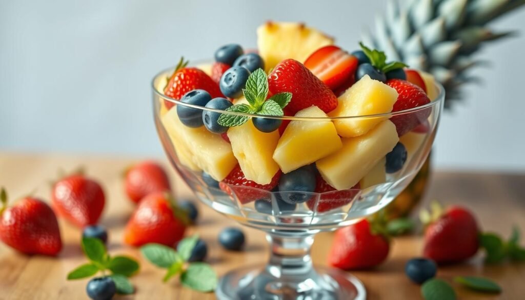 A vibrant, healthy fruit cup filled with an assortment of fresh, colorful fruits such as strawberries, blueberries, kiwi, and pineapple, beautifully arranged in a clear, elegant glass bowl. In the foreground, the light reflects subtly off the fruit, showcasing its freshness and juiciness. In the middle ground, scattered mint leaves add a touch of green, enhancing the visual appeal and freshness of the fruit. The background features a softly blurred wooden table, suggesting warmth and a wholesome atmosphere. The lighting is bright and natural, creating a cheerful and inviting mood that highlights the health-conscious theme. The angle is slightly above the fruit cup, allowing for a clear view of the assortment while maintaining an artistic perspective.