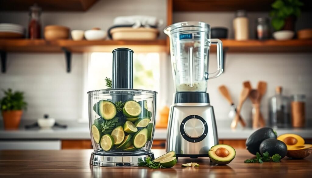 A vibrant kitchen countertop scene featuring a food processor and a blender side by side, both gleaming in bright kitchen lighting. In the foreground, the food processor sits with its bowl filled with fresh avocados, lime wedges, and herbs, showcasing its slicing capabilities. The blender, in the middle, displays a creamy mixture of avocado lime ranch, with a few splashes illustrating its blending power. The background includes wooden shelves adorned with cooking ingredients and utensils, enhancing the domestic atmosphere. Soft, natural light filters through a nearby window, creating a warm, inviting mood. The angle is slightly above eye-level, giving a wide view to emphasize both appliances and the vibrant colors of the ingredients, ensuring clarity and detail in each element.