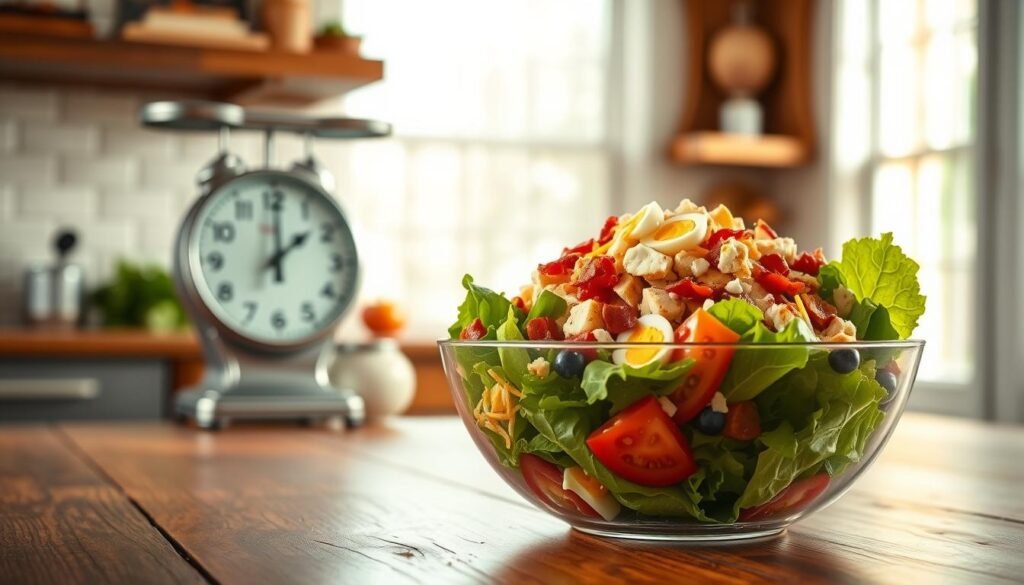 A vibrant kitchen scene focused on a well-presented Chick-fil-A Cobb Salad, meticulously arranged on a rustic wooden table. In the foreground, a colorful salad bowl brimming with fresh ingredients: crisp lettuce, diced grilled chicken, crumbled bacon, ripe tomatoes, shredded cheese, and a sprinkle of hard-boiled eggs. In the middle ground, a minimalistic kitchen scale and a timer are positioned, symbolizing preparation time and serving size, hinting at the practical aspects of cooking. The background features soft, natural lighting flowing through a window, creating a warm and inviting atmosphere that emphasizes the home-cooked feel. The composition captures a sense of readiness and simplicity, embodying the theme of time management and the enjoyment of a wholesome meal.