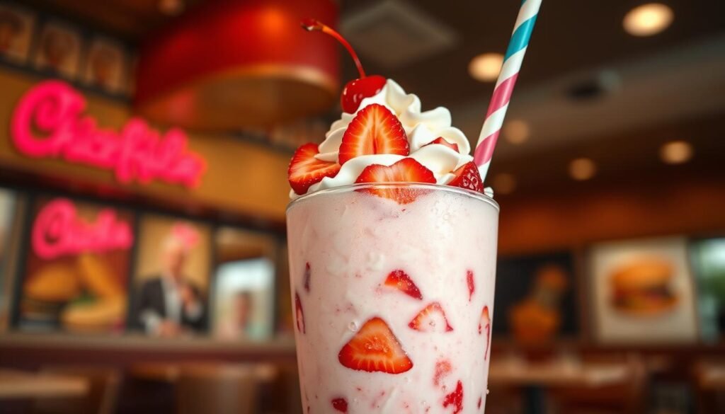 A vibrant milkshake overflowing with rich, creamy textures, featuring a rich vanilla base blended with chunks of strawberries and topped with whipped cream and a cherry. In the foreground, the glass is frosted with condensation, showcasing its chill. The middle includes a colorful straw and bits of fresh fruit artfully arranged. In the background, a cozy Chick-fil-A environment with soft, warm lighting, giving a welcoming atmosphere. Use a shallow depth of field to keep the focus on the milkshake while subtly blurring the restaurant ambiance. The scene is bright and inviting, capturing the indulgent pleasure of enjoying a delicious treat while hinting at its caloric value. Aim for a mouth-watering appeal that emphasizes the richness and ‘worth it’ aspect. A vibrant milkshake overflowing with rich, creamy textures, featuring a rich vanilla base blended with chunks of strawberries and topped with whipped cream and a cherry. In the foreground, the glass is frosted with condensation, showcasing its chill. The middle includes a colorful straw and bits of fresh fruit artfully arranged. In the background, a cozy Chick-fil-A environment with soft, warm lighting, giving a welcoming atmosphere. Use a shallow depth of field to keep the focus on the milkshake while subtly blurring the restaurant ambiance. The scene is bright and inviting, capturing the indulgent pleasure of enjoying a delicious treat while hinting at its caloric value. Aim for a mouth-watering appeal that emphasizes the richness and ‘worth it’ aspect.