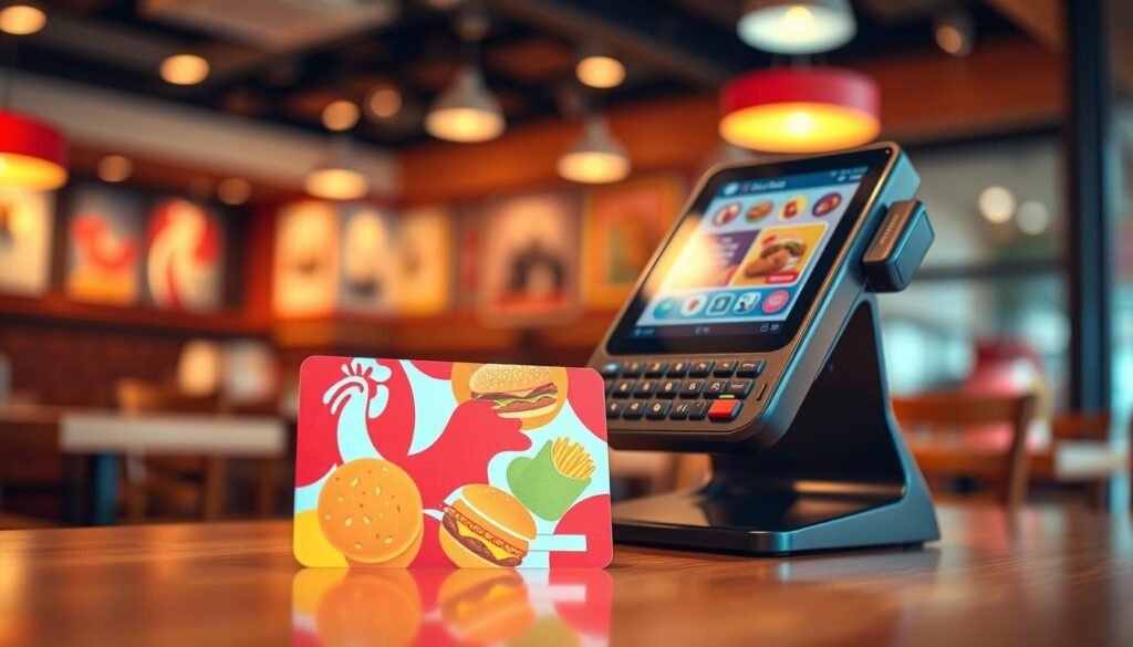 A vibrant, modern gift card designed for a fast-food restaurant, placed prominently in the foreground. The card features a colorful design with images of popular food items like chicken sandwiches and fries. In the middle ground, a stylish payment terminal is showcased, with a subtle reflection of the gift card on its screen. The background is softly blurred, depicting a welcoming restaurant environment with wooden tables and cheerful decor, possibly hinting at a Chick-fil-A setting. Warm, inviting lighting illuminates the scene, creating a cozy atmosphere. Capture the image from a slightly elevated angle to emphasize the gift card and payment terminal, making it the focal point of this engaging composition. No text or branding visible on the gift card.