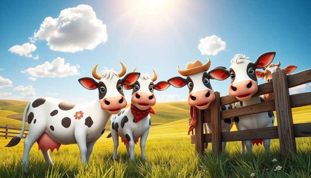 A vibrant pastoral scene showcasing three charming cartoon-like cows named Daisy, Sarge, and Carrots, each with unique and whimsical features. In the foreground, Daisy, a gentle-looking cow with flowers painted on her sides, is playfully munching on grass. Sarge, a confident cow wearing a mini cowboy hat and a bandana, stands beside her, exuding a friendly demeanor. Carrots, a curious calf with big, expressive eyes, peeks playfully from behind a wooden fence. The middle ground features a sunny, idyllic farm landscape with rolling hills and a bright blue sky, dotted with fluffy clouds. Soft, warm sunlight bathes the scene, creating a cheerful atmosphere. The composition uses a wide-angle lens to capture the cows in full view, emphasizing their playful personalities while highlighting their role in modern advertising.