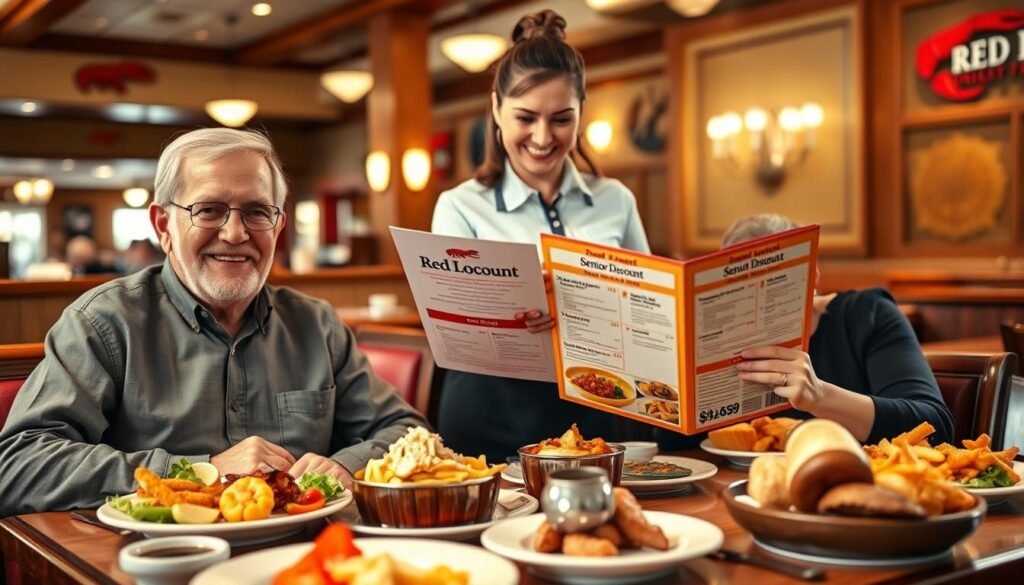 A vibrant scene depicting a cheerful senior couple sitting at a Red Lobster restaurant, both dressed in modest casual clothing. The foreground features a well-set dining table adorned with a delicious selection of seafood dishes, showcasing a special senior discount menu with enticing prices. In the middle ground, a friendly waitress, also in professional attire, is presenting the couple with a colorful menu. The background reveals the warm ambiance of the restaurant with soft, inviting lighting illuminating wooden accents and nautical decor. The mood is uplifting and friendly, capturing the essence of enjoying a meal with loved ones while exploring savings and discounts. The angle is from a slightly elevated perspective, highlighting the warmth and inclusivity of the restaurant environment. A vibrant scene depicting a cheerful senior couple sitting at a Red Lobster restaurant, both dressed in modest casual clothing. The foreground features a well-set dining table adorned with a delicious selection of seafood dishes, showcasing a special senior discount menu with enticing prices. In the middle ground, a friendly waitress, also in professional attire, is presenting the couple with a colorful menu. The background reveals the warm ambiance of the restaurant with soft, inviting lighting illuminating wooden accents and nautical decor. The mood is uplifting and friendly, capturing the essence of enjoying a meal with loved ones while exploring savings and discounts. The angle is from a slightly elevated perspective, highlighting the warmth and inclusivity of the restaurant environment.