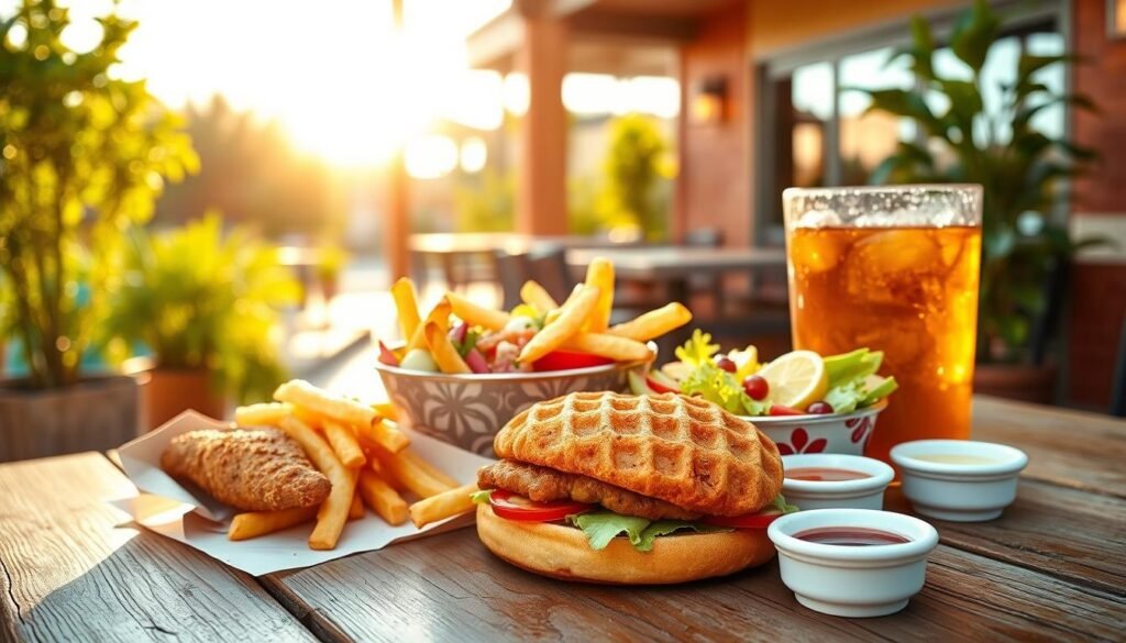 A vibrant scene depicting a fresh, bountiful Chick-fil-A meal on a rustic wooden table. In the foreground, showcase a crispy chicken sandwich, golden waffle fries, and a refreshing glass of iced tea with condensation. In the middle ground, include a decorative bowl filled with vibrant, fresh salads and an array of dipping sauces in small ramekins. The background features a sunlit outdoor patio in Gilroy, California, with green plants and a relaxed atmosphere. The lighting is warm and inviting, capturing the golden hour glow, which enhances the colors of the food. The image evokes feelings of joy and satisfaction, ideal for showcasing the rewards of dining at Chick-fil-A, complementing the theme of value and enjoyment.